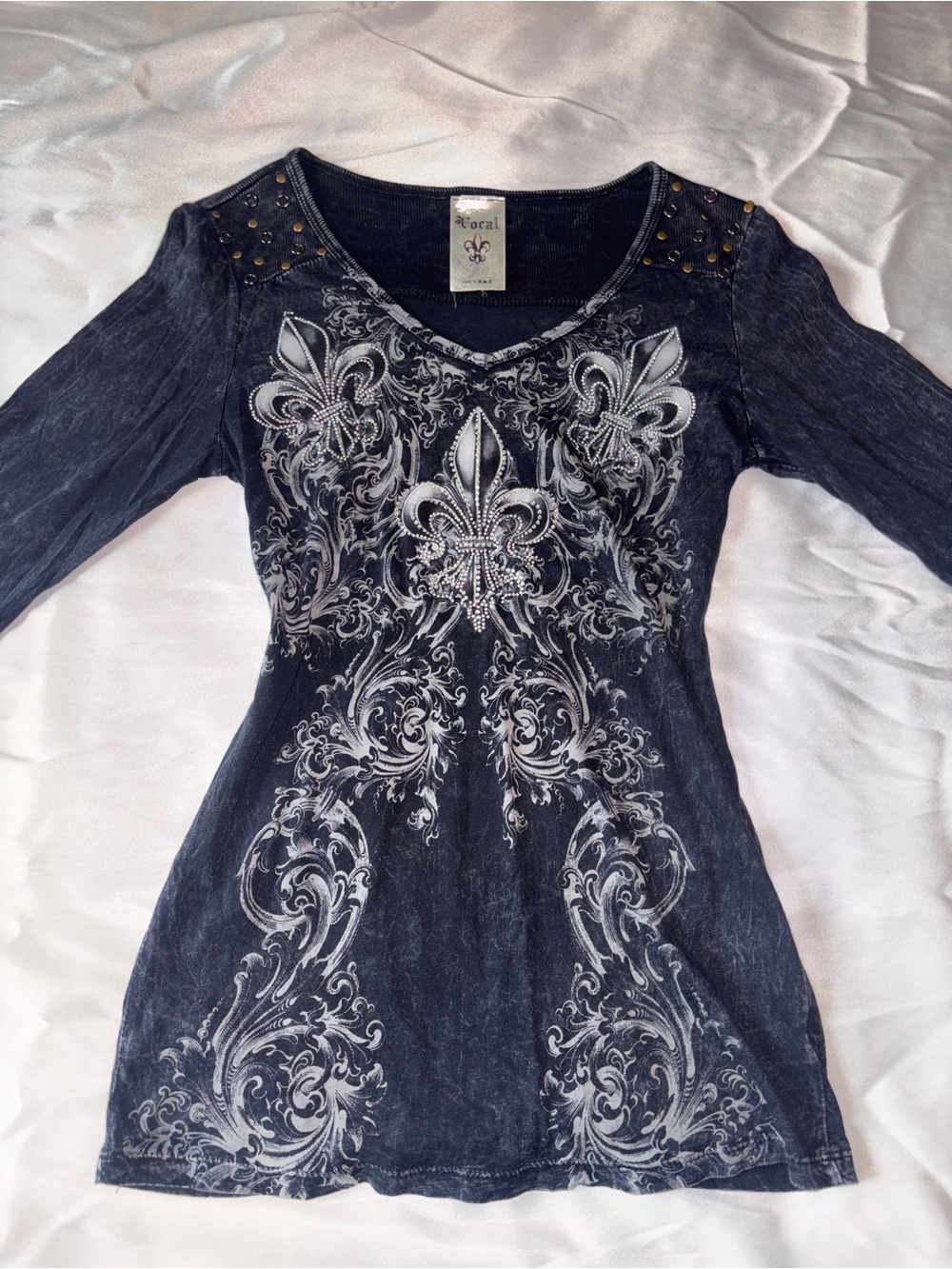 Vocal Y2K Black Fleur de Lis Rhinestone Studded Top Made in USA